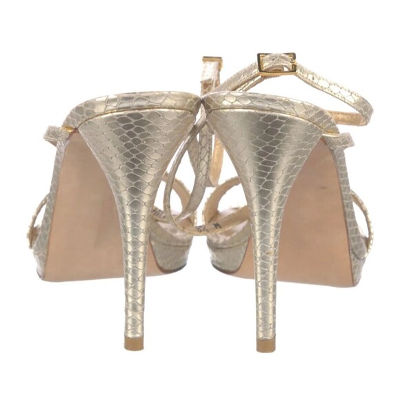 PRE-OWNED DESIGNER STUART WEITZMAN GOLD METALLIC LEATHER ANLE STRAP SANDALS 8.5 - Picture 3 of 14